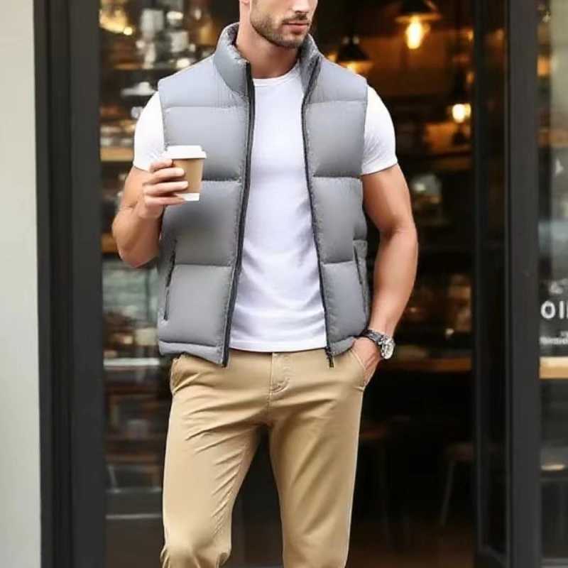New Mens Gray Vest Warm Sleeveless Jackets Winter Windproof Zipper Coat Autumn Standup Collar Casual Waistcoat Brand Clothing W251029