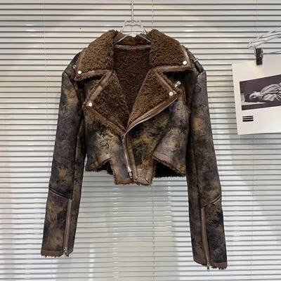 PREPOMP Winter Collection Turn Down Collar Zippers Sleeve Cuff Faux Fur Pu Leather Jacket Women GM128 251029