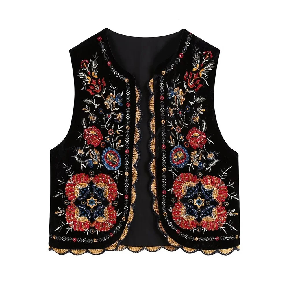 Autumn Womens Fashion Casual Versatile Lace Embroidery Sequin Velvet Vest 251029