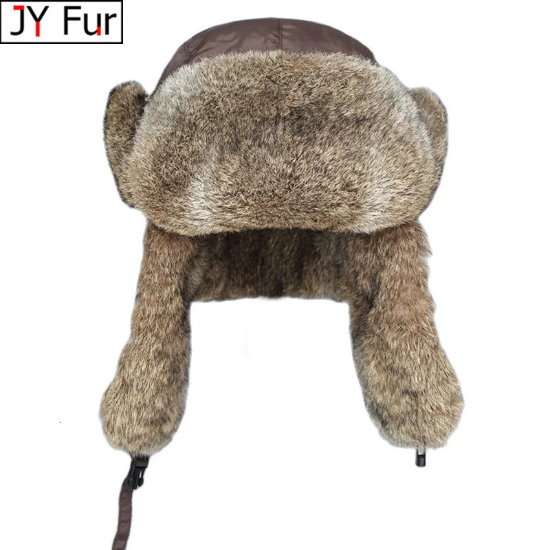 Russia Winter Real fur Hat Men Outdoor Windproof Super Warm Rabbit Fur Bomber Hats Natural Soft Caps 251013