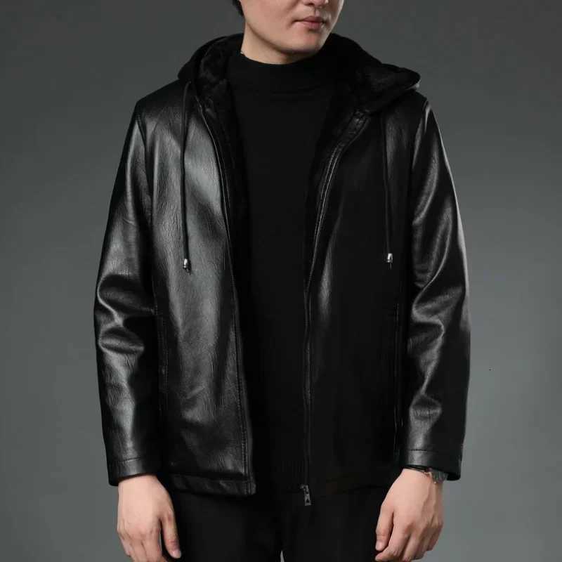 Mens Hooded Motorcycle Leather JacketWinter Thick Fleece Warm and Windproof Casual Mens Fashion Fake Leather JacketT251029