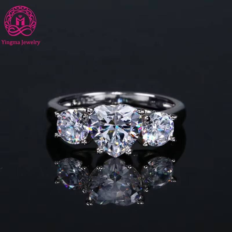 Fine Jewelry 14K Solid Gold Ring There Stones 8mm Heart Shape with 4mm Round Moissanite Trilogy Ring
