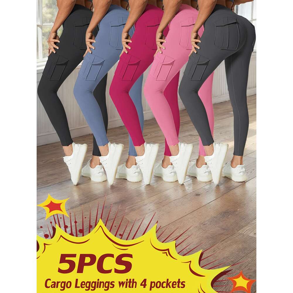 High Waist Yoga with Pockets, Multipack Butt Lifting Tummy Control Workout Running 4 Way Stretch Cargo Sports Pants, 5pcs Leggings Set