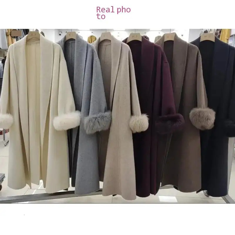 BJTZ Fox Hair Cuffs Doublesided Cashmere Coat Women Autumnwinter Midlength Laceup Loose Fashion Simple 251028