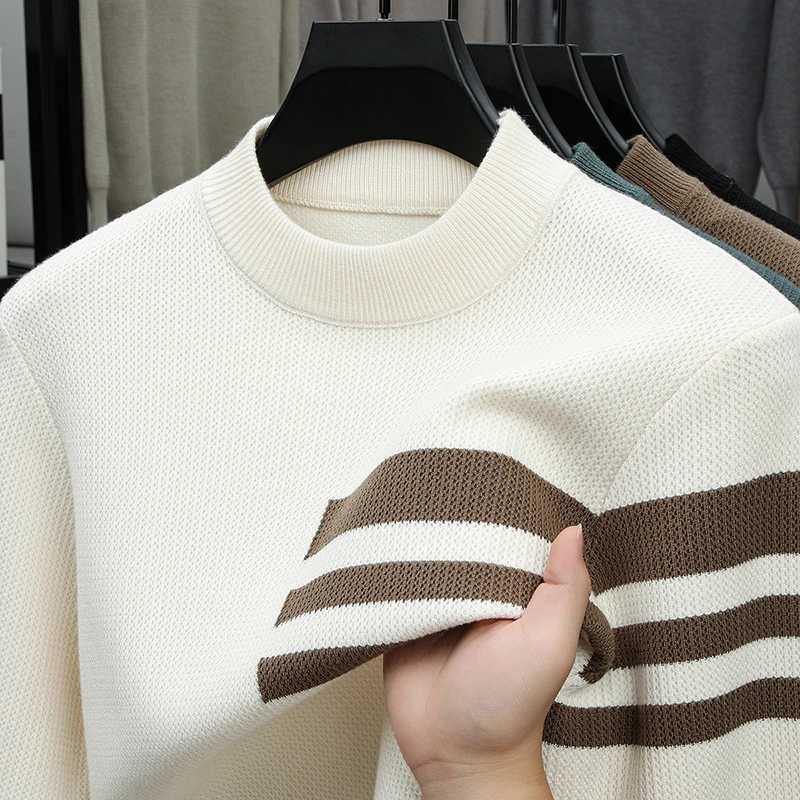 Mens Autumn New Semi High Neck Long Sleeved Knitted Sweater Casual Thick Inner Layer Outer Layer Warm Base Shirt Autumn Outfit J251029
