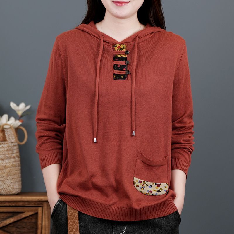 Retro designer style cotton long sleeved knitted women's sweater Spring and Autumn new hooded sweatshirt Fashion slim fit sweater