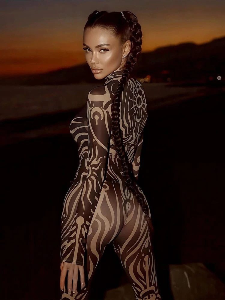 kliou Aesthetic Printed Women Jumpsuits Sexy Hipster Long Sleeve Stand Collar Bodyshaping Overalls Female Attractive Clubwear 251029