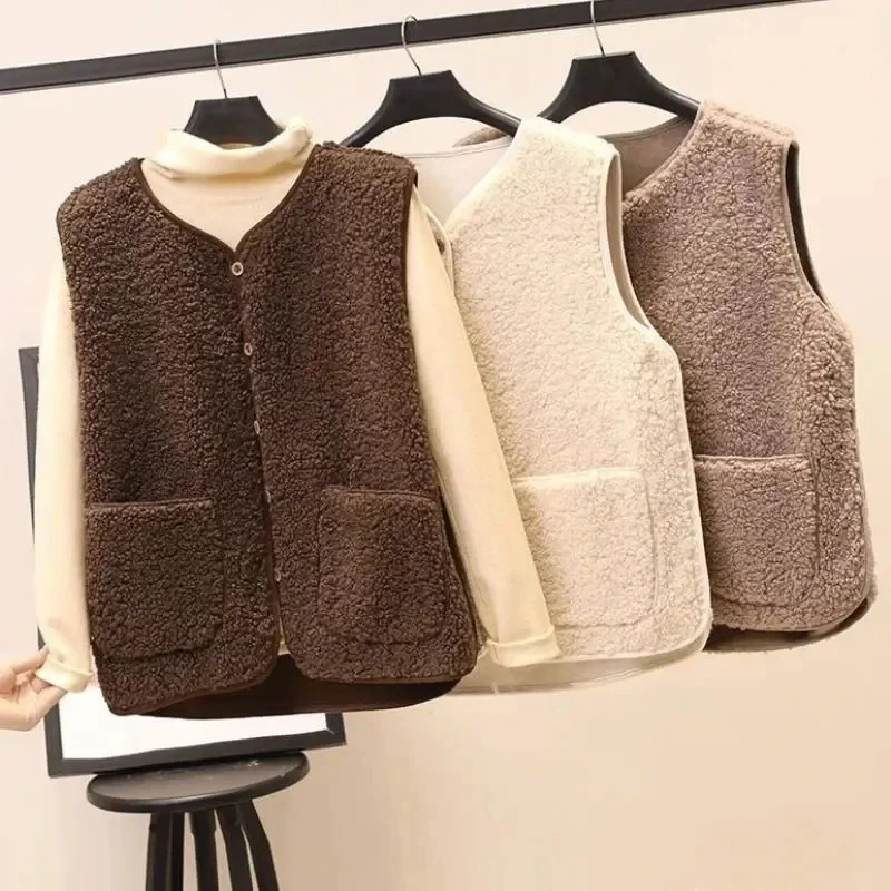Lambs Fleece Vests Jacket Spring Autumn Women Button Waistcoat Winter Warm Fleece Sleeveless Outwear Female 251029