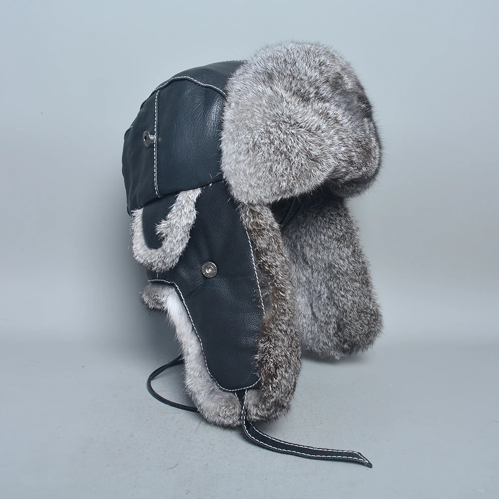 Winter Men 100 Natural Rabbit Fur Bomber Hat Genuine Sheepskin Leather Cap Men Outdoor Windproof Super Warm Rabbit Fur Caps 251029