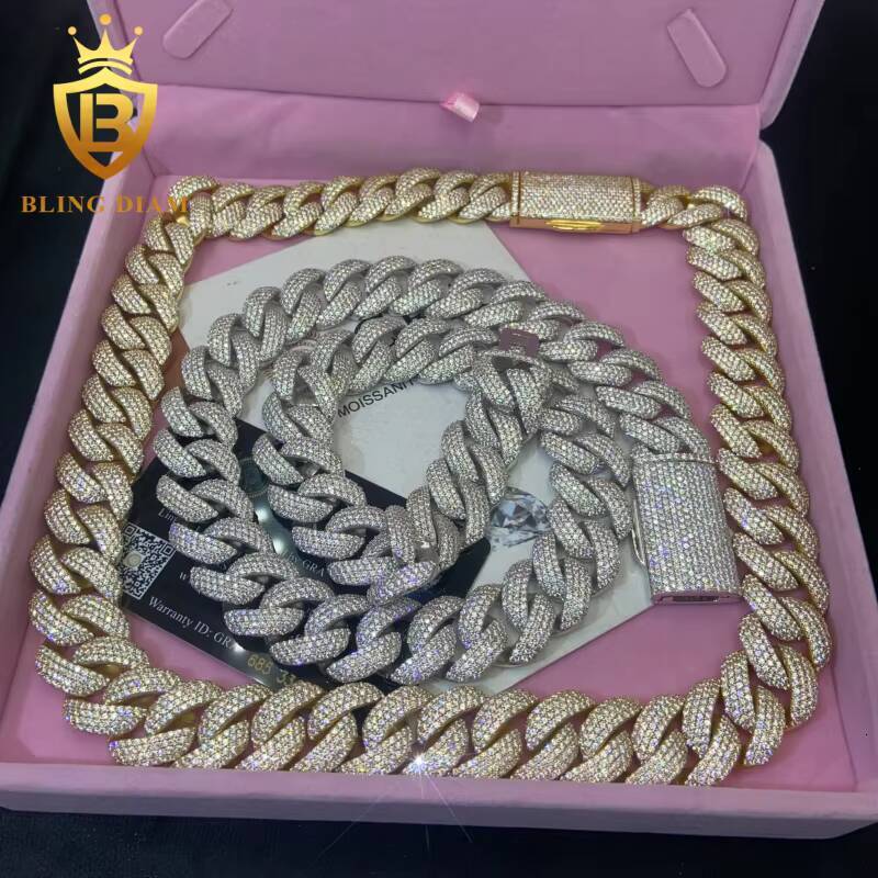 In Stock HipHop Style S925 Moissanite Cuban Chain 20MM Pass Diamond Tester VVS Iced Out Moissanite Necklace Chain Silver GRA