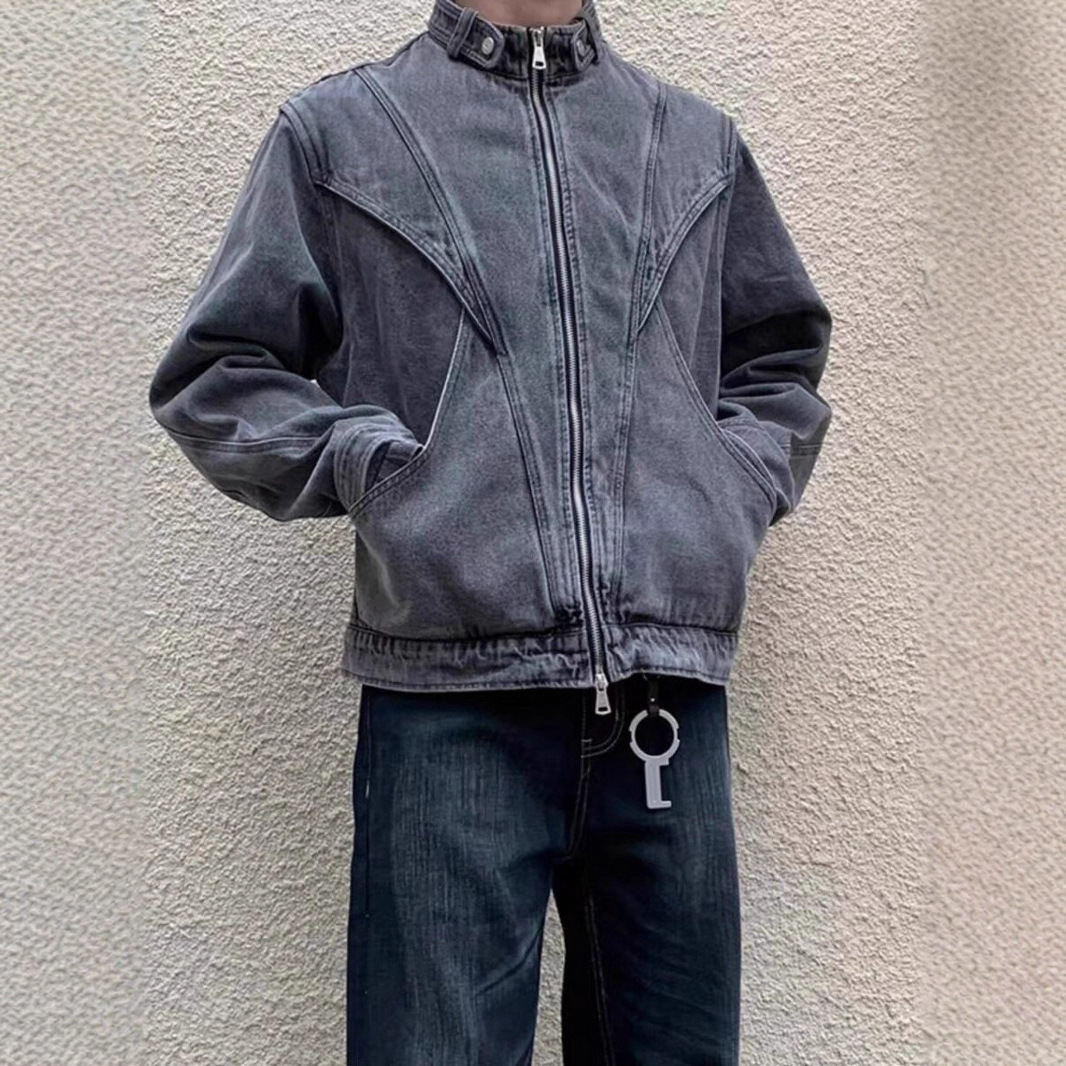 American Style Designer Jacket Washed Denim Jacket For Men Street Style Loose Fit Cool And Versatile Deconstructed Design Stand Collar Zipper Coat