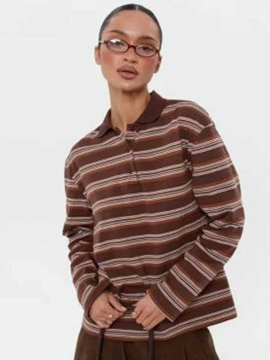 2025 Spring New Womens Striped Colorblock Long Sleeve Polo ShirtComfortable Loose and Breathable Best Choice for Work Wear J251029