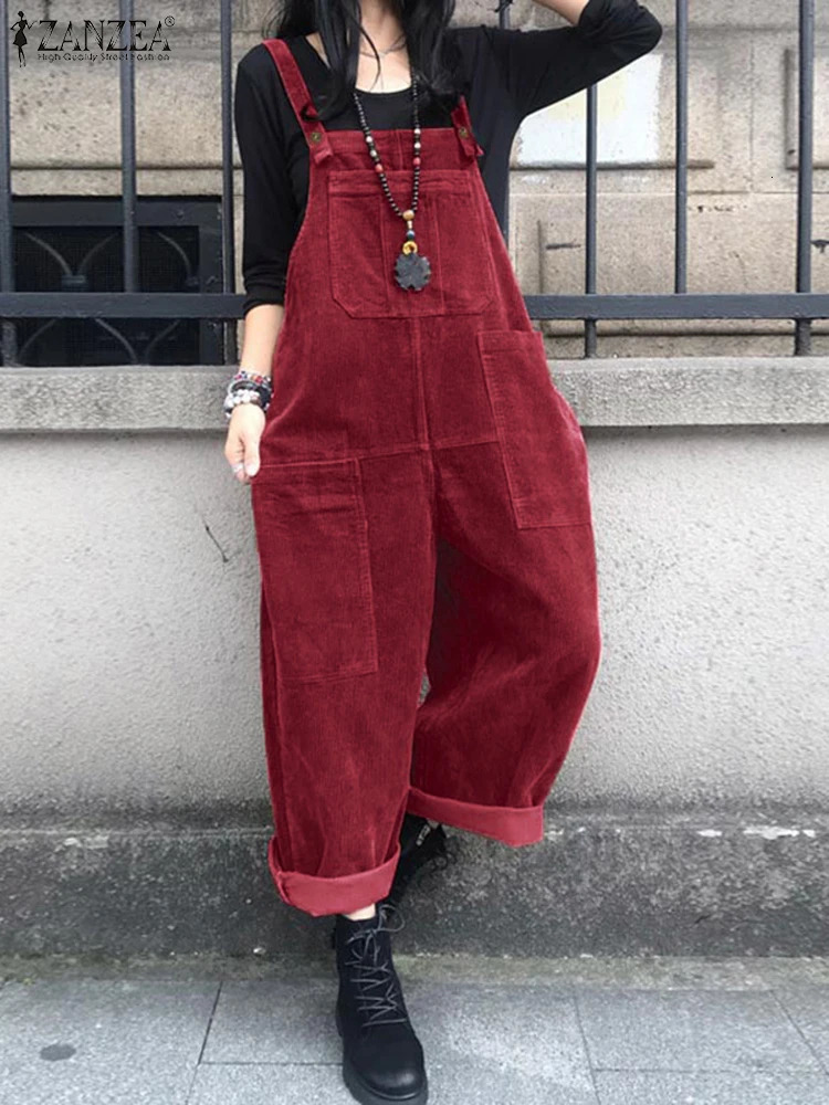 Winter Autumn Corduroy Jumpsuits Women Pants ZANZEA Casual Suspender Fashion Wide Leg Playsuits Rompers Streetwear Trouser 251029