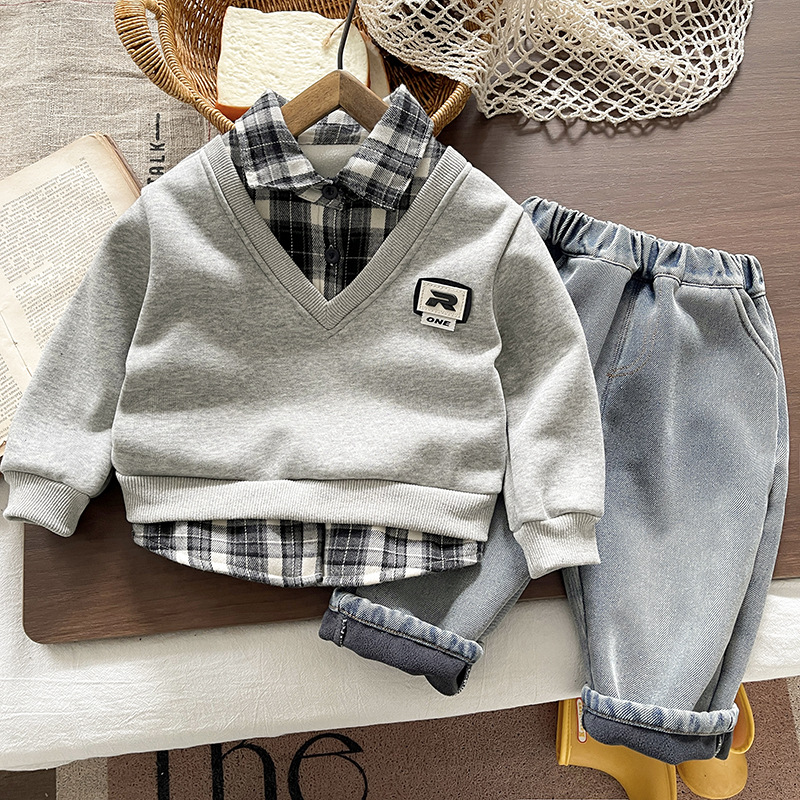 kids tracksuit 2025 New Warm Boys Clothes, Fleece Lined Mock Three Piece Hoodie Set, Casual Winter Outfit for Toddler Kids Daily Playtime