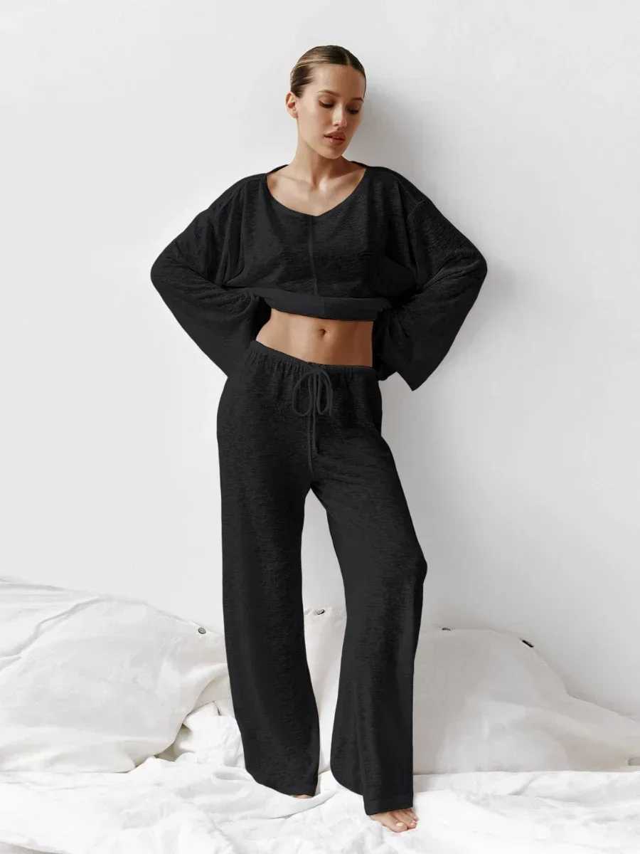 Blubelle Sexy Fashion Knitted ONeck Pajamas 2Piece Set Long Sleeve Long Pants Womenss Home Clothing Spring Soft Pajamas SetsT251029