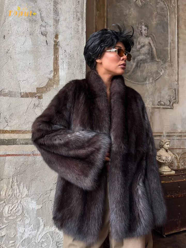 Brown Mediumlength Fur Coat Women Lapel Hidden Button Loose ElegantOuterwear Fashion Officeladycommute Overcoat 251028