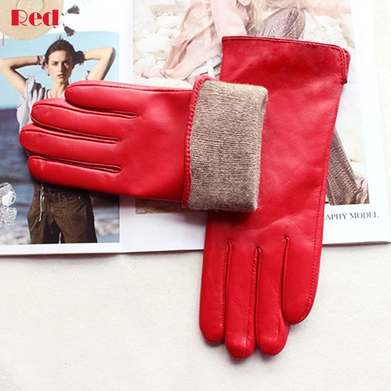 Color Sheepskin Leather Gloves Womens Straight Style Wool Lining FallWinter Warm Motorcycle Riding Car Driving Finger 251013