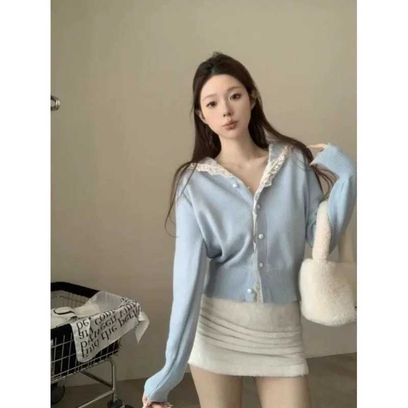 Lace Hooded Long Sleeve Knit Sweater Women Short Casual Top Winter ChicT251028