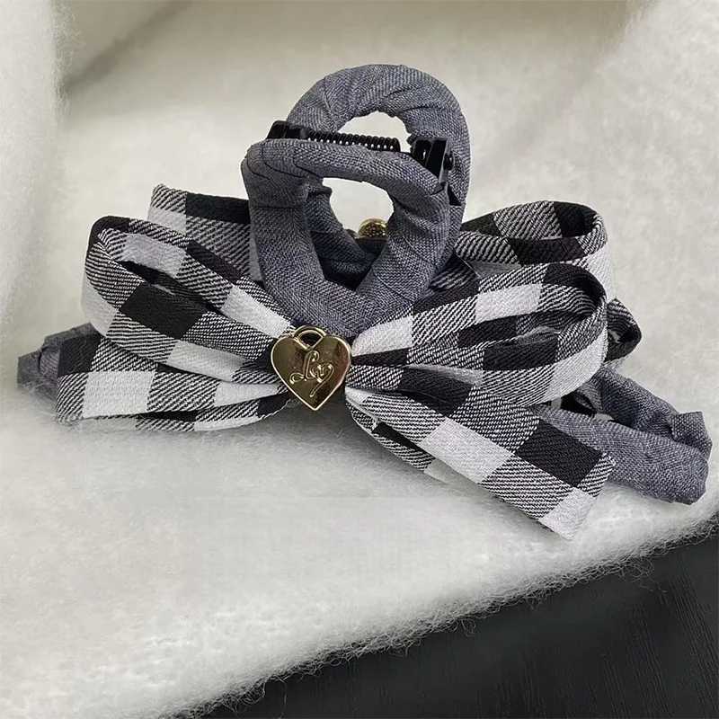 1PC Fashionable New Style Highgrade Suit Gray Handwrapped Fabric Shark Clip with Black and White Plaid Bowknot Claw ClipW251028