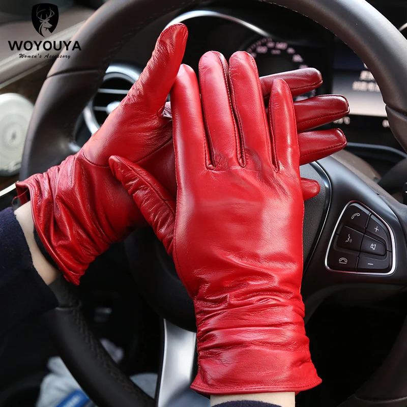 Winter Sheepskin Womens Gloves Warm Plus Velvet Short Thin Touch Screen Driving Female Color Leather High End2801T 251013