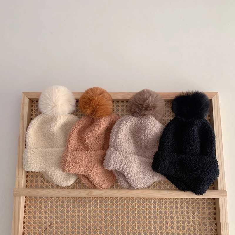 Winter Warm Baby Ear Protection Hat Solid Color Coral Velvet Kids Pompom Beanies Bonnet Plush Ball Children Earmuffs Cap 27year251028