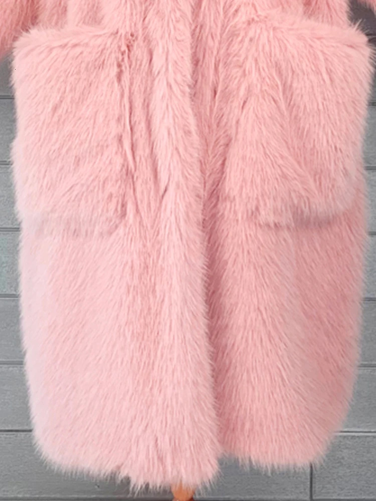Lautaro Winter Long Oversized Pink Thick Warm Soft Shaggy Fluffy Faux Fur Coat Women Pockets Lapel Loose Sweet Cute Fashion 251029
