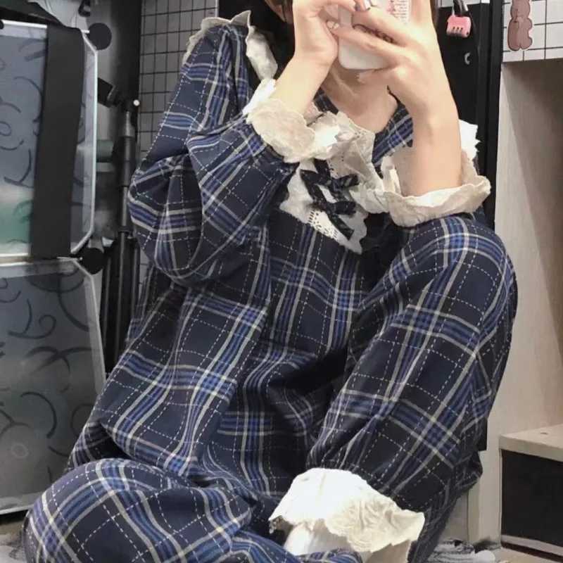 Night Wear Woman Sexy Sweet College Style Pajamas Women Long Sleeve Lace Doll Collar Gradient Grid Loungewear Long Sleeve TrousT251029