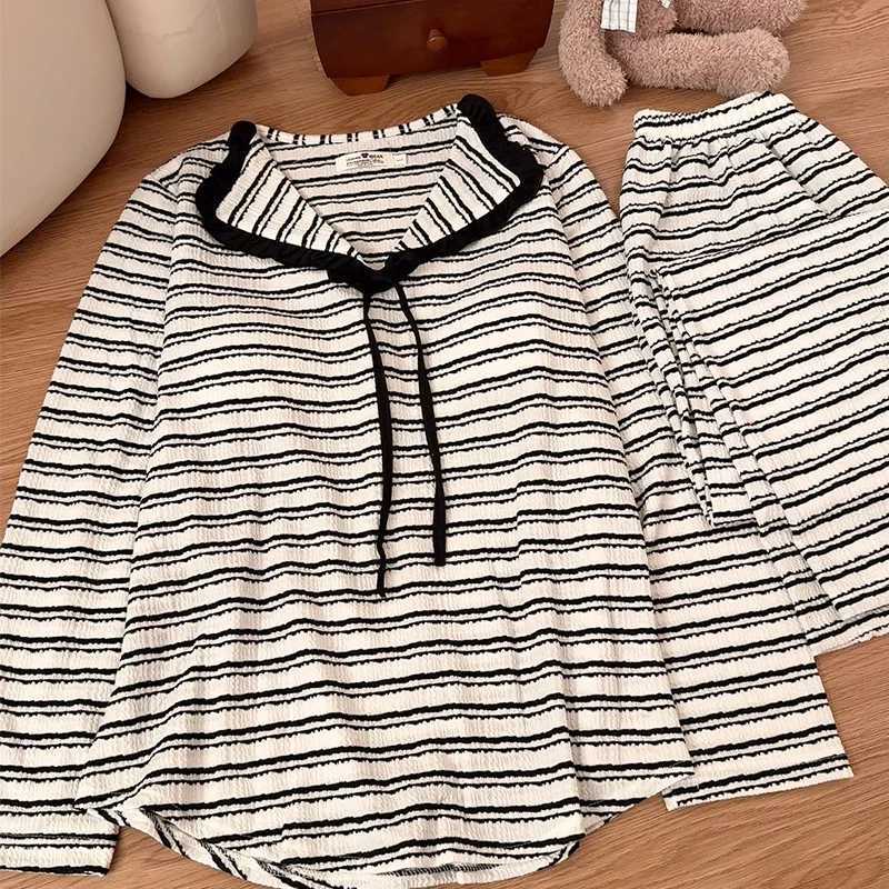 Womens Pajamas Fashion Striped Sleepwear Set Cotton Chest Pad Long Sleeve Tops Trousers Sets Autumn Winter Home Suit For WomenT251029