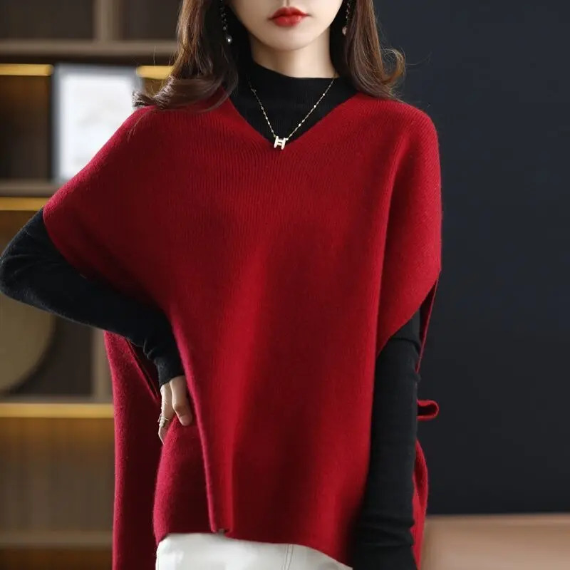 Autumn Winter Cashmere Sweater Vest Female Vneck Bat Sleeve Solid Color Versatile Sleeveless Loose Knit Waist B1 251029