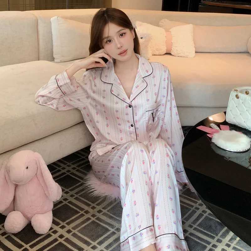 Floral Womens Ice Silk Lightweight Pajama Set Long Sleeve Top with Pants SpringFall Soft Silk HomewearT251029