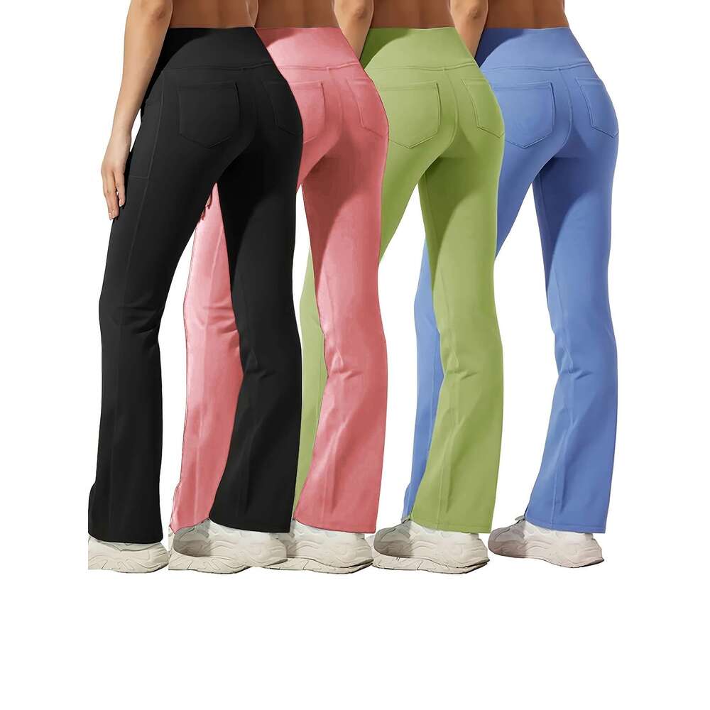 Plus size 4pcs set of sports pants with phone pocket, fashionable and casual hip lifting exercise yoga fiess bell pants, Women's sportswear