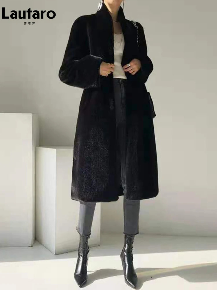 Lautaro Winter Long Black Elegant Stylish Thick Warm Fluffy Hairy Soft Faux Mink Fur Coat Women Stand Collar Sashes 251029
