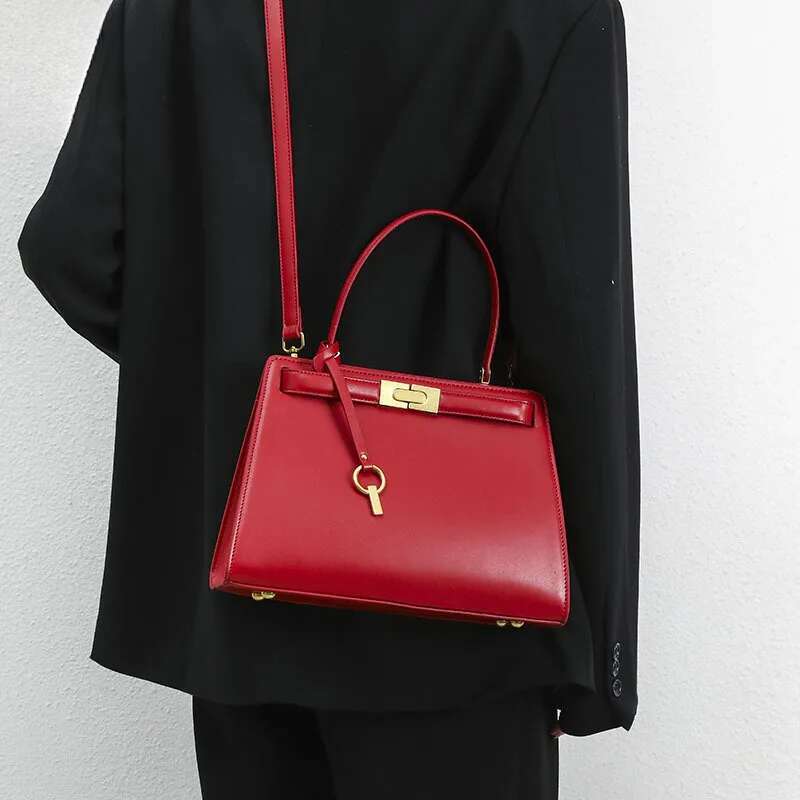Fashion Chinese Red Dress Style Bride Tote Split Leather Women Shoulder Bag All match Commuter Office Ladies Handbag