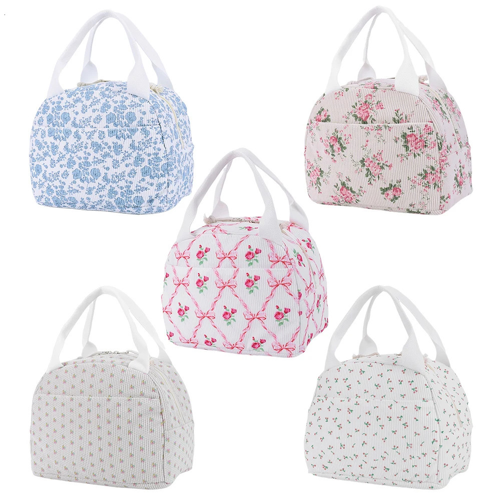 Women Quilted Lunch Bag Large Capacity Cute Lunch Box Bag Floral Printed HandHeld Cooler Bag Travel Picnic Camping Bag 251029