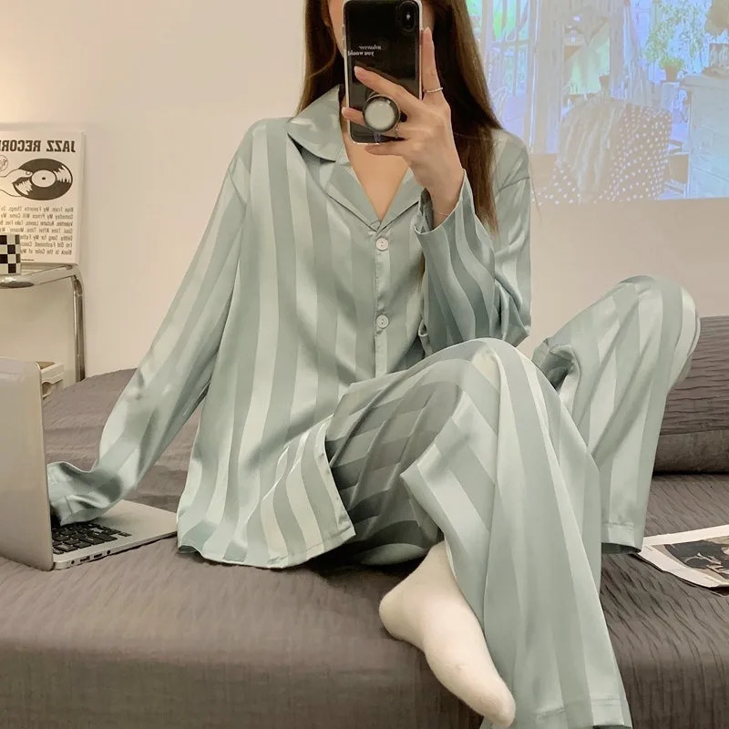 Striped Satin Pajamas Women Jacquard Loungewear Long Sleeve Trousers TwoPiece Set Solid Color RollNeck Cardigan Sleepwear 251029