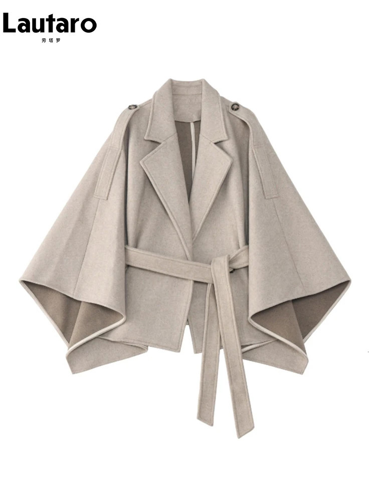Lautaro Autumn Winter Loose Stylish Short Soft Woolen Capes for Women Tie Waist Vintage Sleeveless Cloak Coat Women 251029