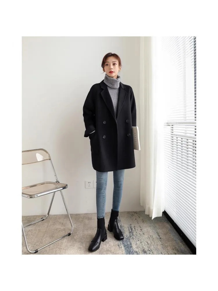 Autumn Korean Style Double Breasted Simple Black 100 Wool Coat Women Long Loose Suit Woolen Overcoat Jacket 251028