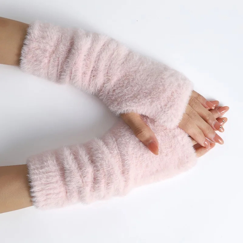 Pink Fingerless Gloves Y2K Wrist Warmers Arm for Women Chic Streetwear Fall Winter MinkLike Velvet 251013