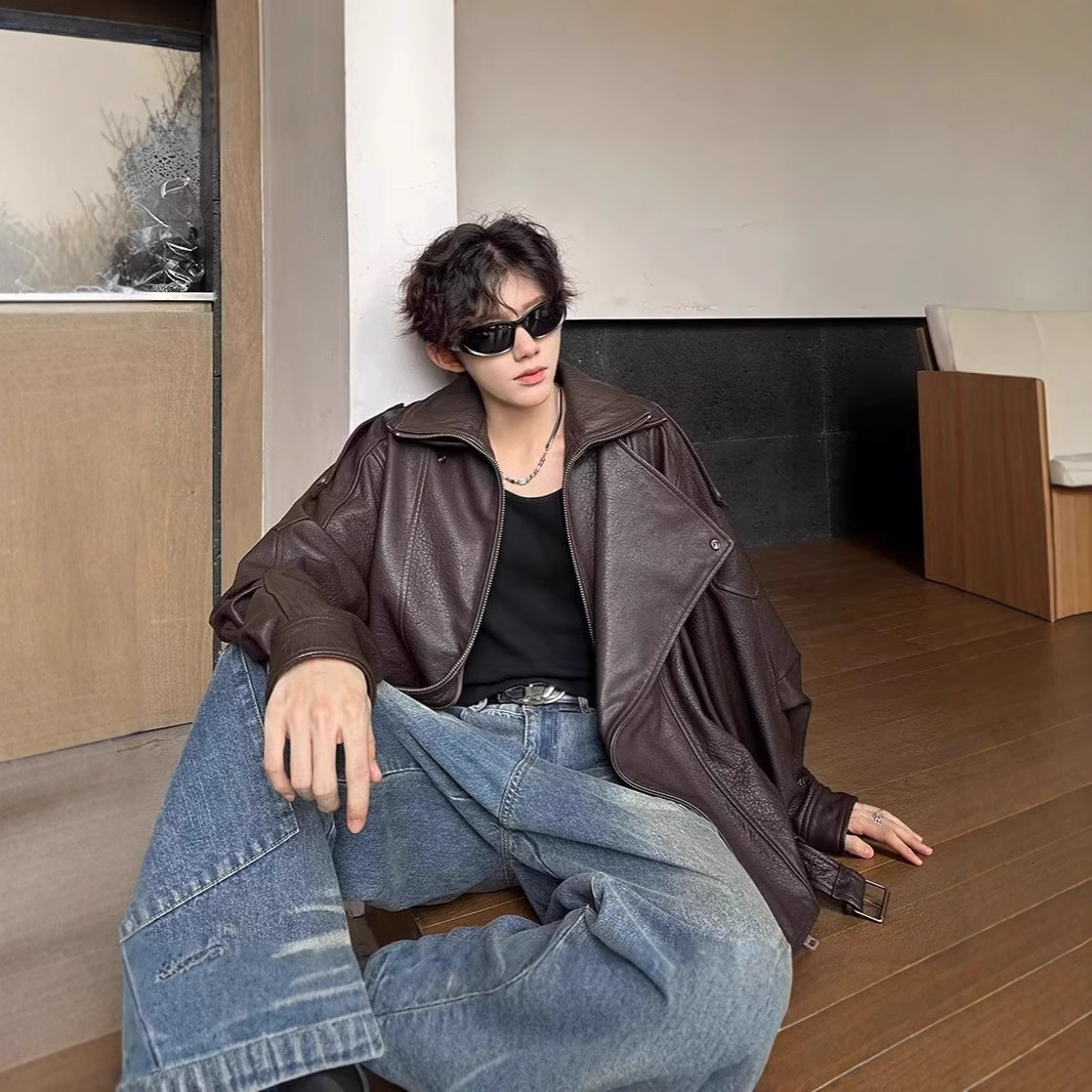 Vintage Stylish Leather Jacket For Men Youth Motorcycle Jacket Pilot Leather Designer Jacket Jacket Spring And Autumn Trendy Brand Loose Fit Coat