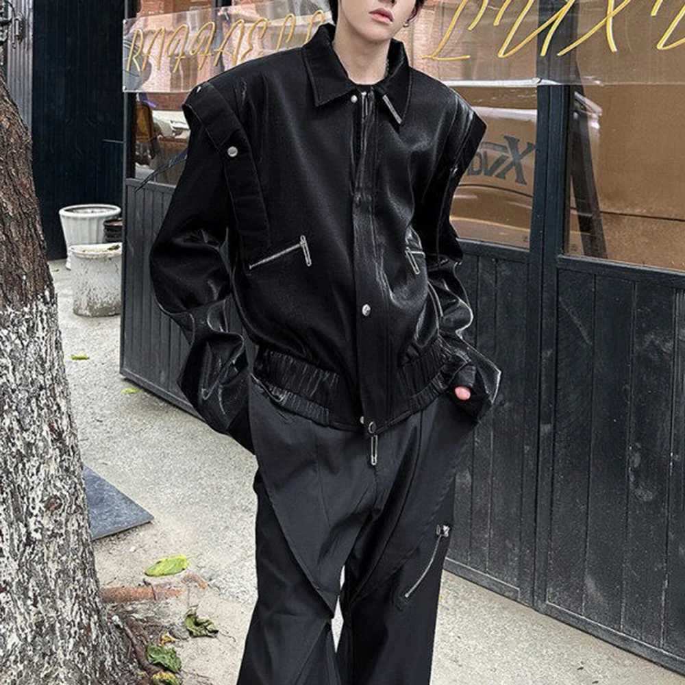 Mens Liquid Metal Shiny Shoulder Pad Biker Casual Jacket Autumn Streetwear Fashion Motorcycle Short Jacket MenS Clothing 2025T251029