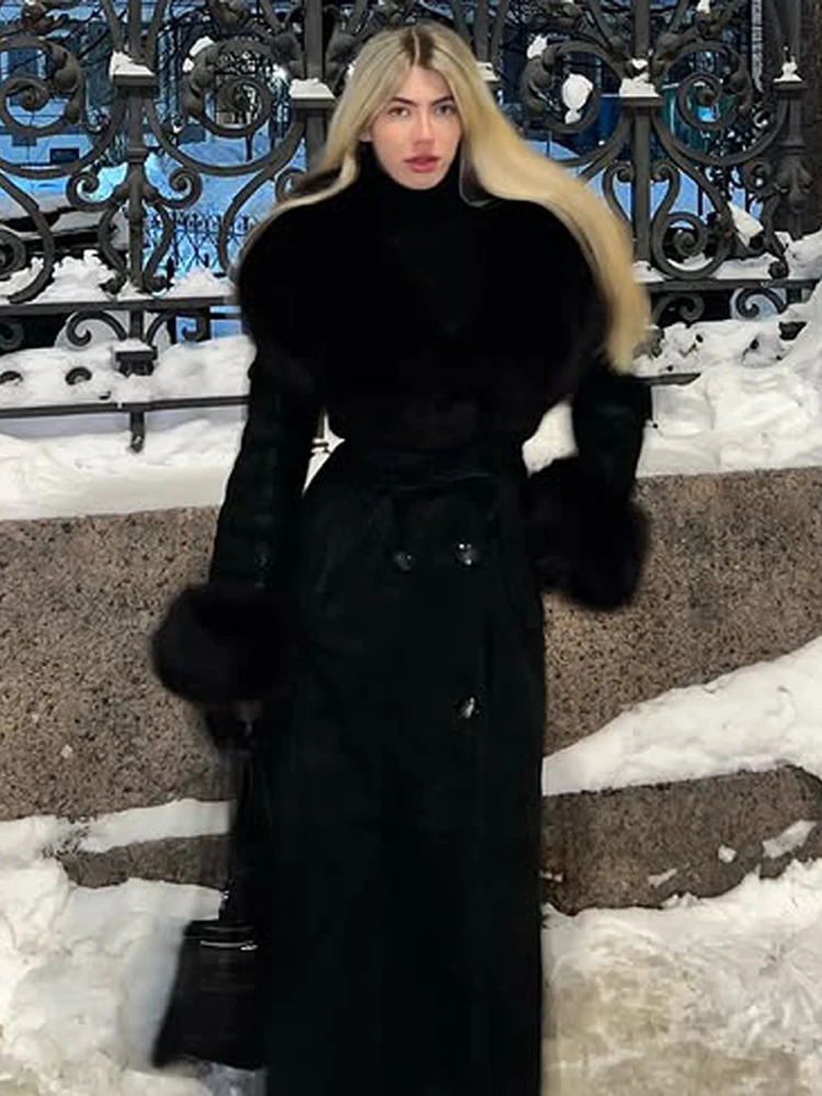 Fluffy Fur Long Womens Coat Elegant Lace Up Full Sleeve Vneck Female Jackets Winter Fashion Split Loose Lady Outwears 251028