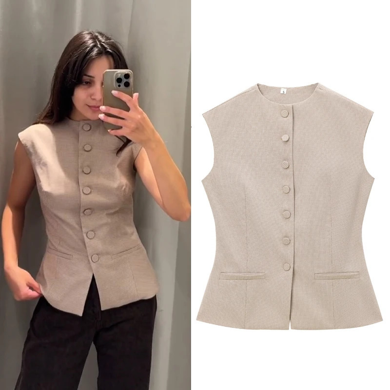 HXAO Womens Sleeveless Vest Top Plaid Woman Top Fashion Ladies Waistcoat Tanks Camis Outerwears Sleeveless Jacket Coat 251029