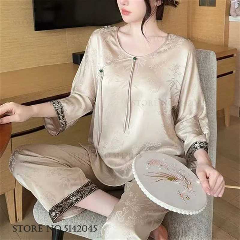 New Chinese Style Women Pajamas Set Loungewear Elegant Print Flower Sleepwear Trouser Suits Loose Silk Satin Homewear PyjamaT251029