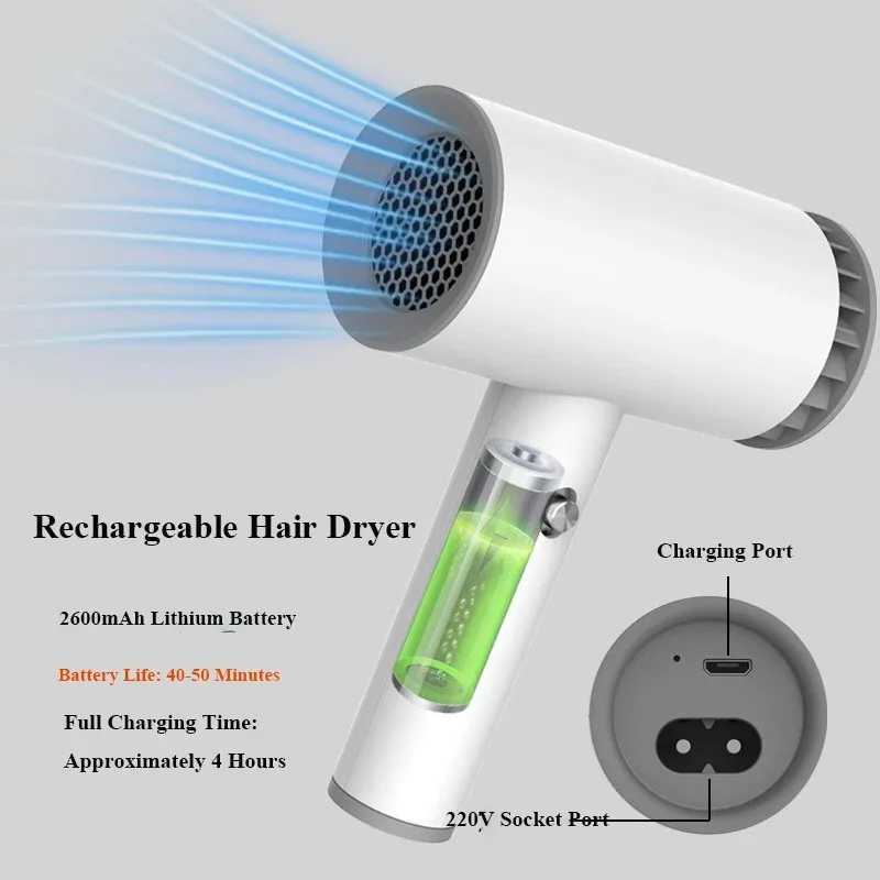 220V Portable Wireless Hair Dryer Rechargeable Blow Dryer Travel Fast Dry Hair Lithium Battery Strong Wind Art Joint Examination L251029