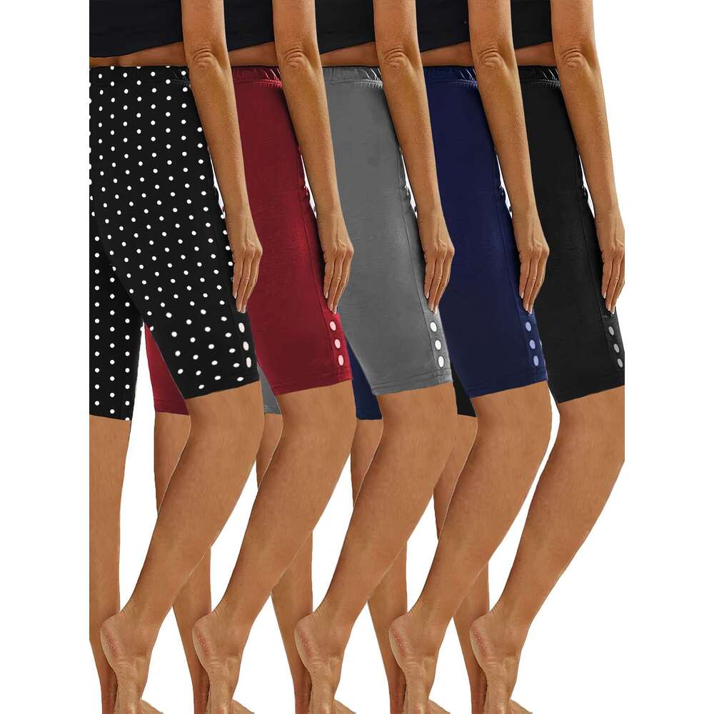 New Set of 5 Large Size 5-Inch Length Sports Shorts, Solid Button Decorative Fiess Leggings, Workout Yoga Tights, Running Pants, Summer Women'S C