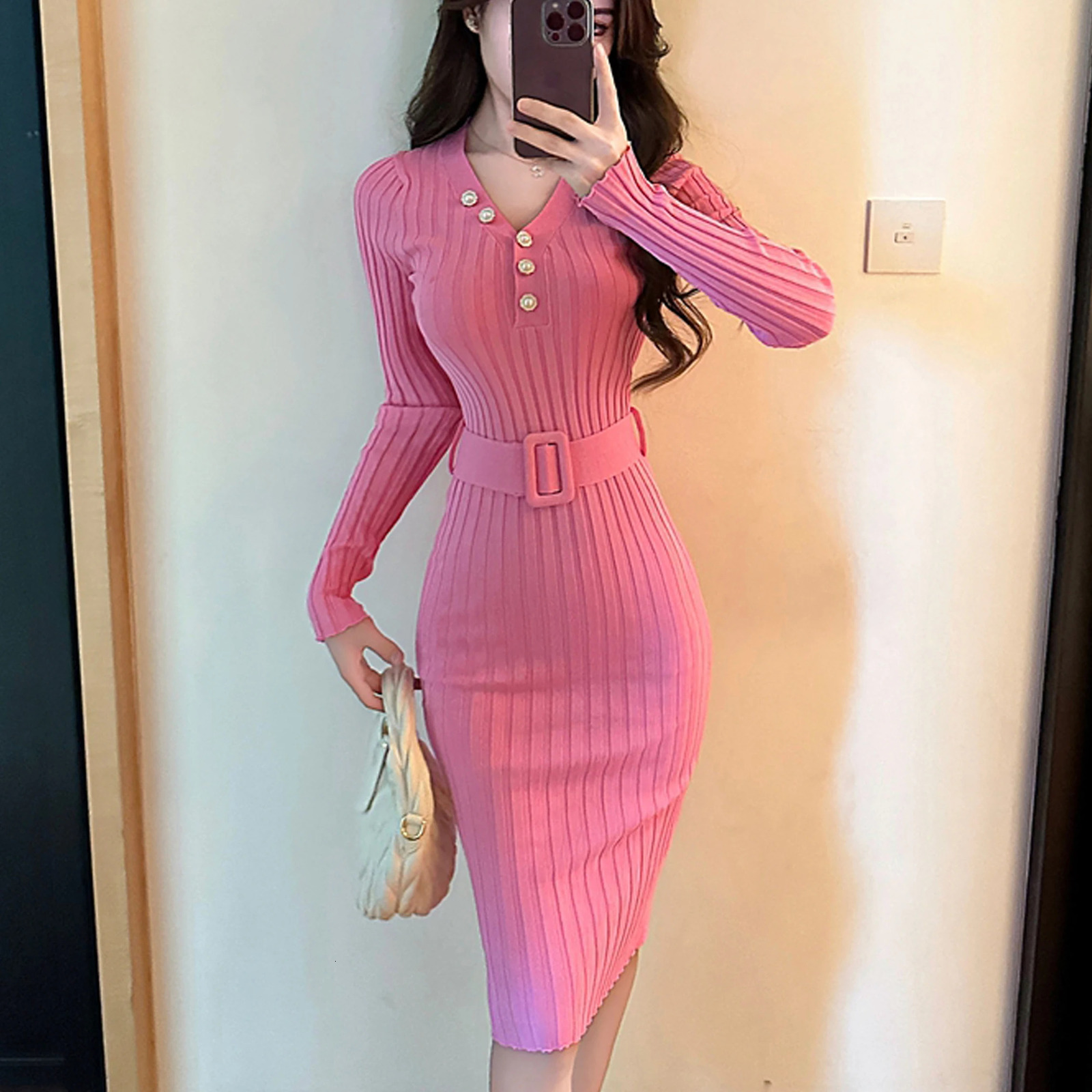 YuooMuoo Chic Fashion Sexy Package Hips Rib Knitted Bodycon Dress Autumn Winter Elegant Peal Vneck Sweater Dress with Belt 251029