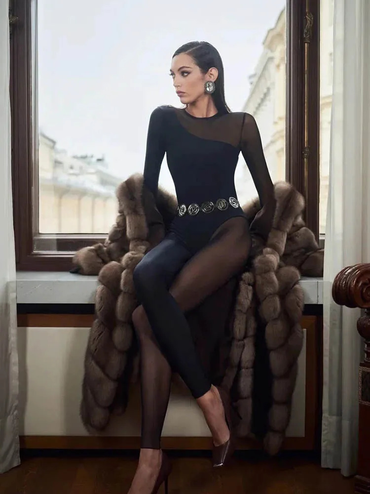 Hipster Tight Jumpsuit Woman Midnight Overalls Streetwear ONeck Long Sleeve Zipper Sexy See Through Mesh Rompers Women 251027