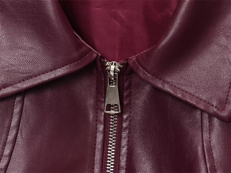 Womens Jacket 2025 American Retro Simple Lapel Burgundy Faux Leather Jacket Street Fashion Womens Jacket 251029