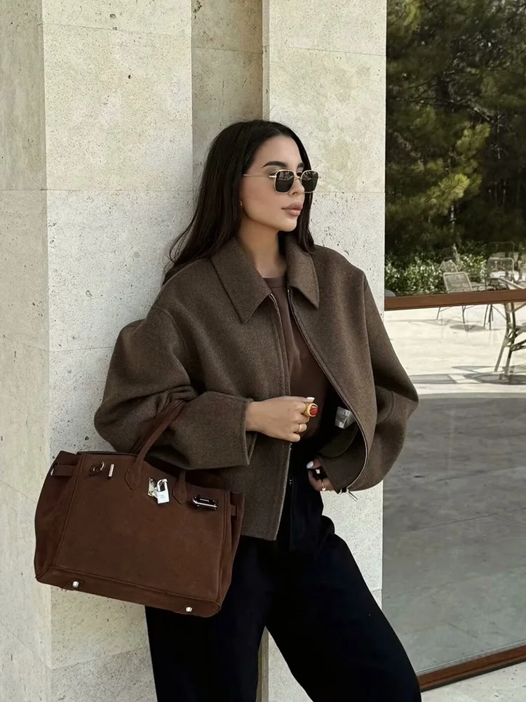 Womens Wide Solid Colour Zip T Jacket Fashion Style Basic Lapel Long Sleeve Coat Tops 251017