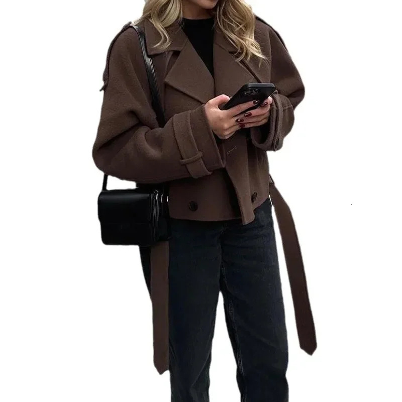 European and American womens clothing big lapel woolen sweater fashion short belt coat jacket 251029